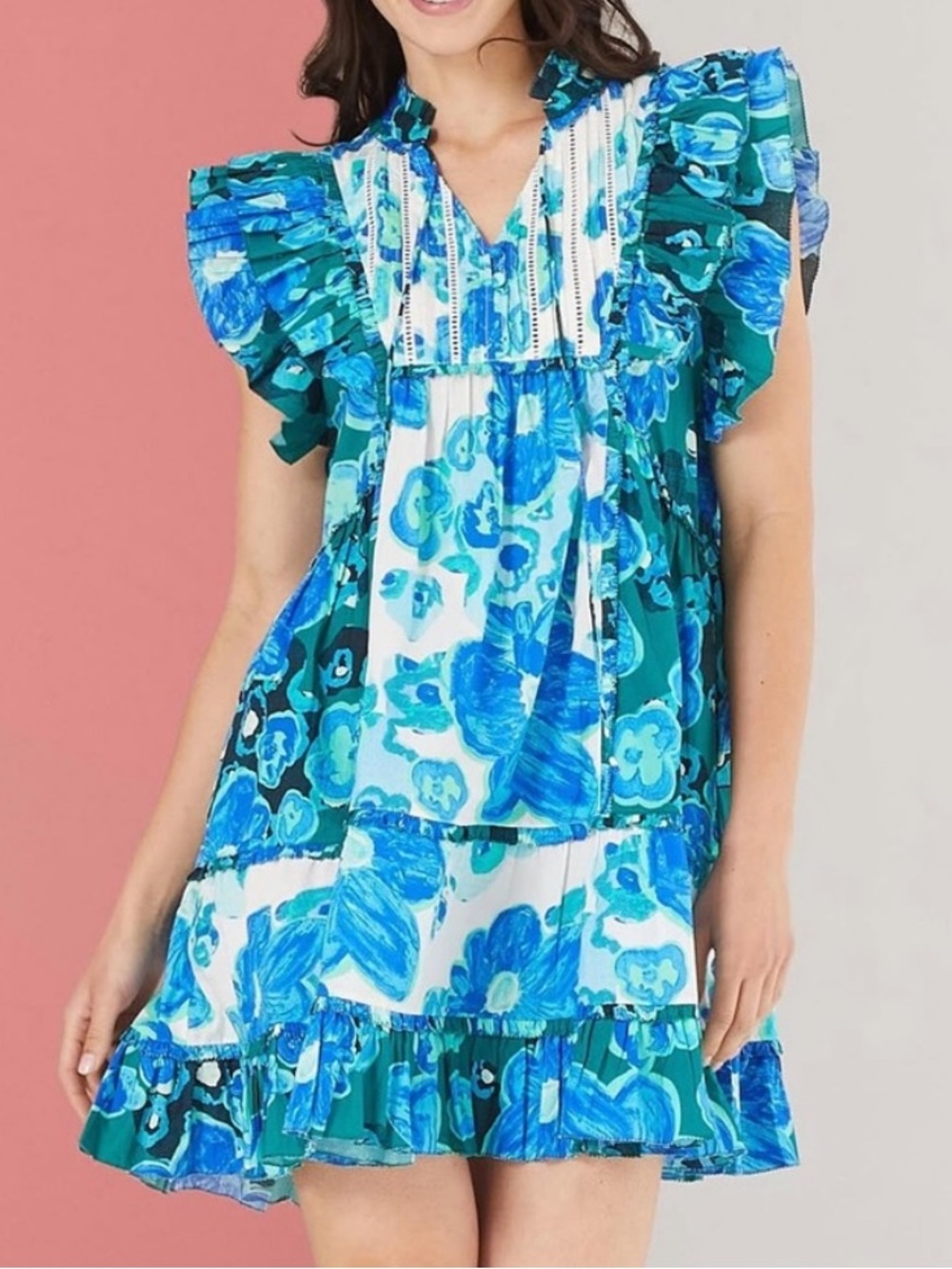 Ālivia Cotton Floral Blue Ruffle Mini Dress XS